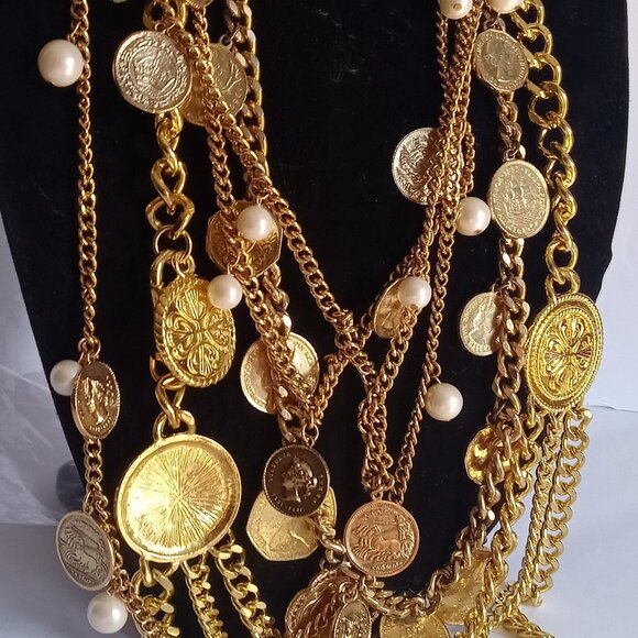 Pirate Worthy Vintage Gold-Tone Faux Coin Jewelry Lot - Belt, Necklace, etc - Picture 1 of 10